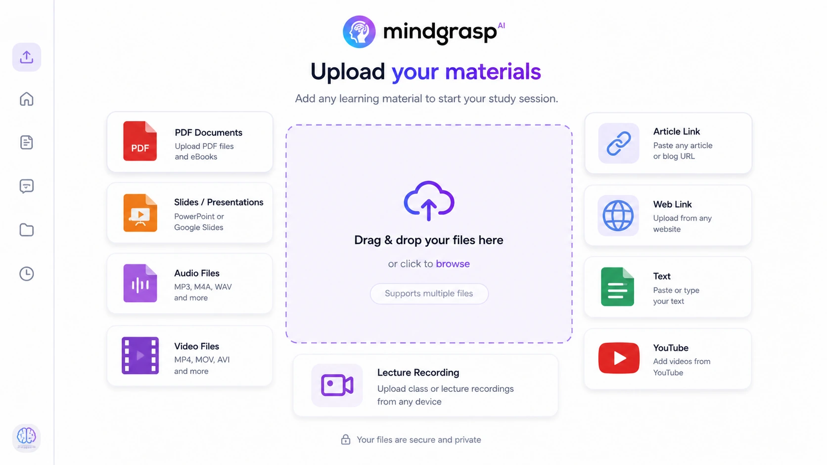 Mindgrasp: upload material workflow, showing how a buyer adds PDFs, audio, videos, links, slides, and lecture files