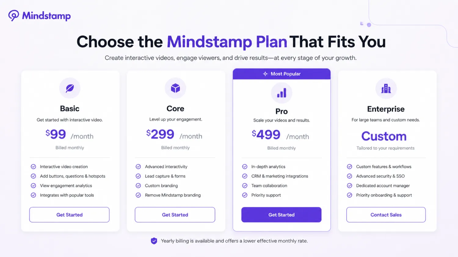 Mindstamp: pricing plan table, showing Basic, Core, Pro, and Enterprise paths for plan comparison