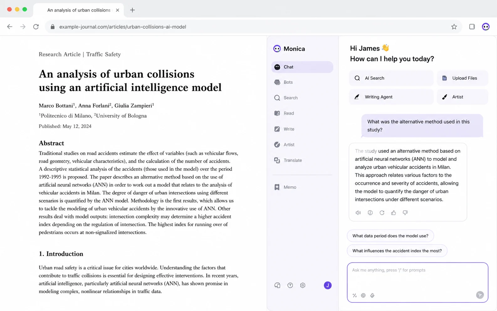 Monica: AI sidebar chat, showing how a buyer can ask questions without leaving the current webpage