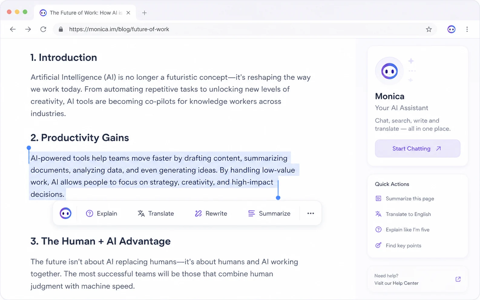 Monica: smart toolbar on selected text, showing quick explain, translate, rewrite, and summarize actions