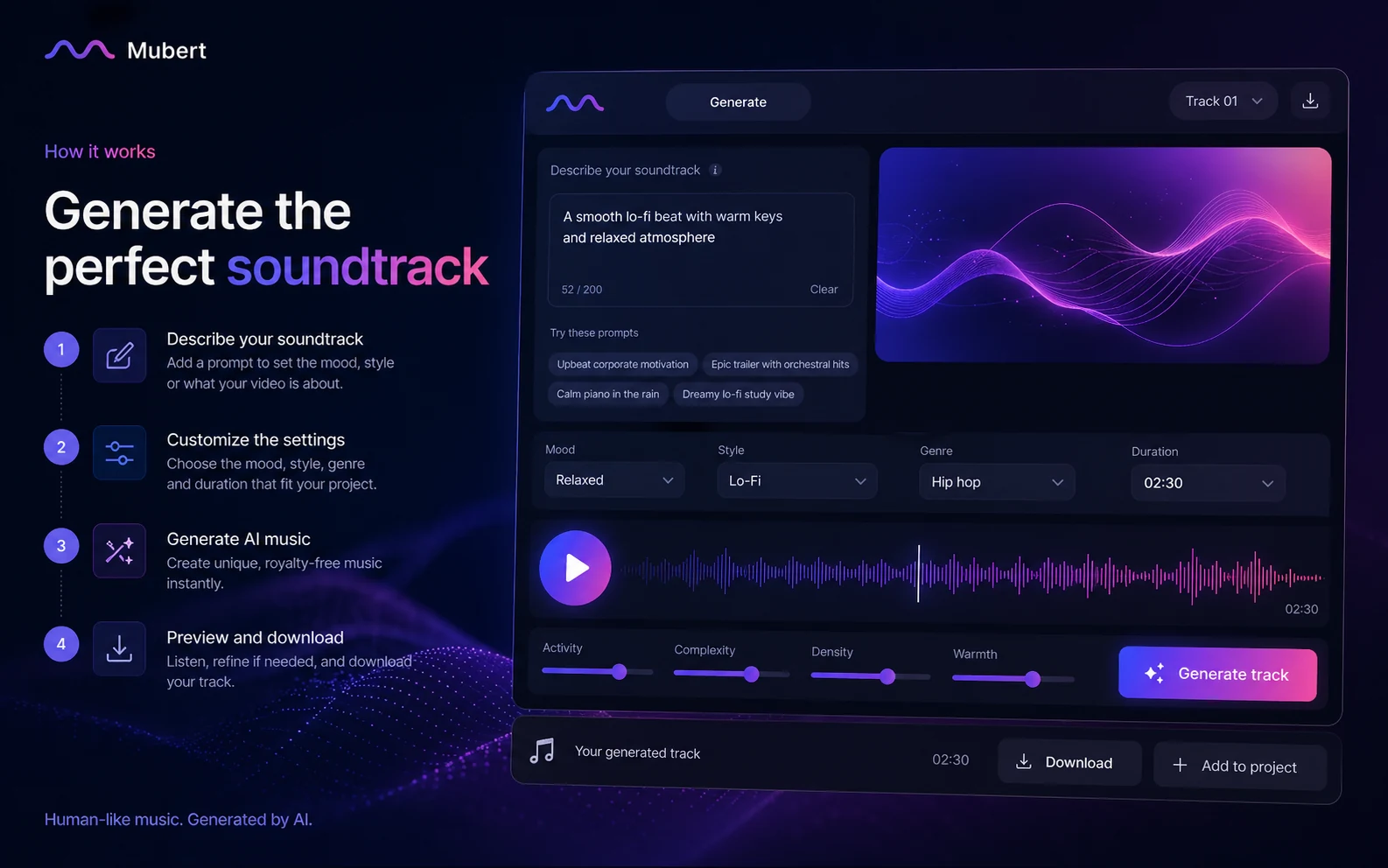 Mubert: Render generator, showing prompt, mood, style, and duration choices before creating a soundtrack