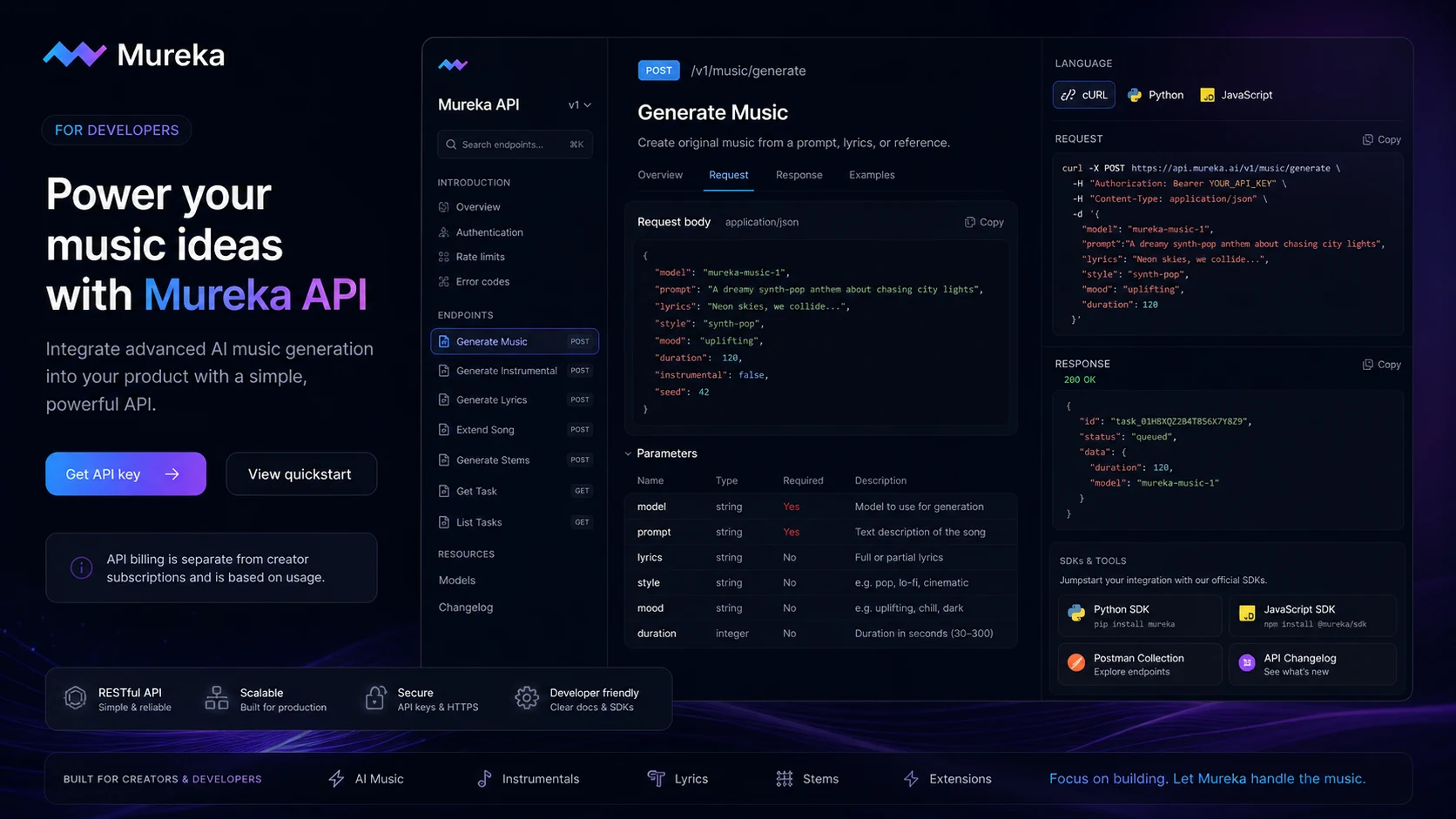 Mureka: API documentation, showing how developers verify song generation and audio endpoints before buying credits