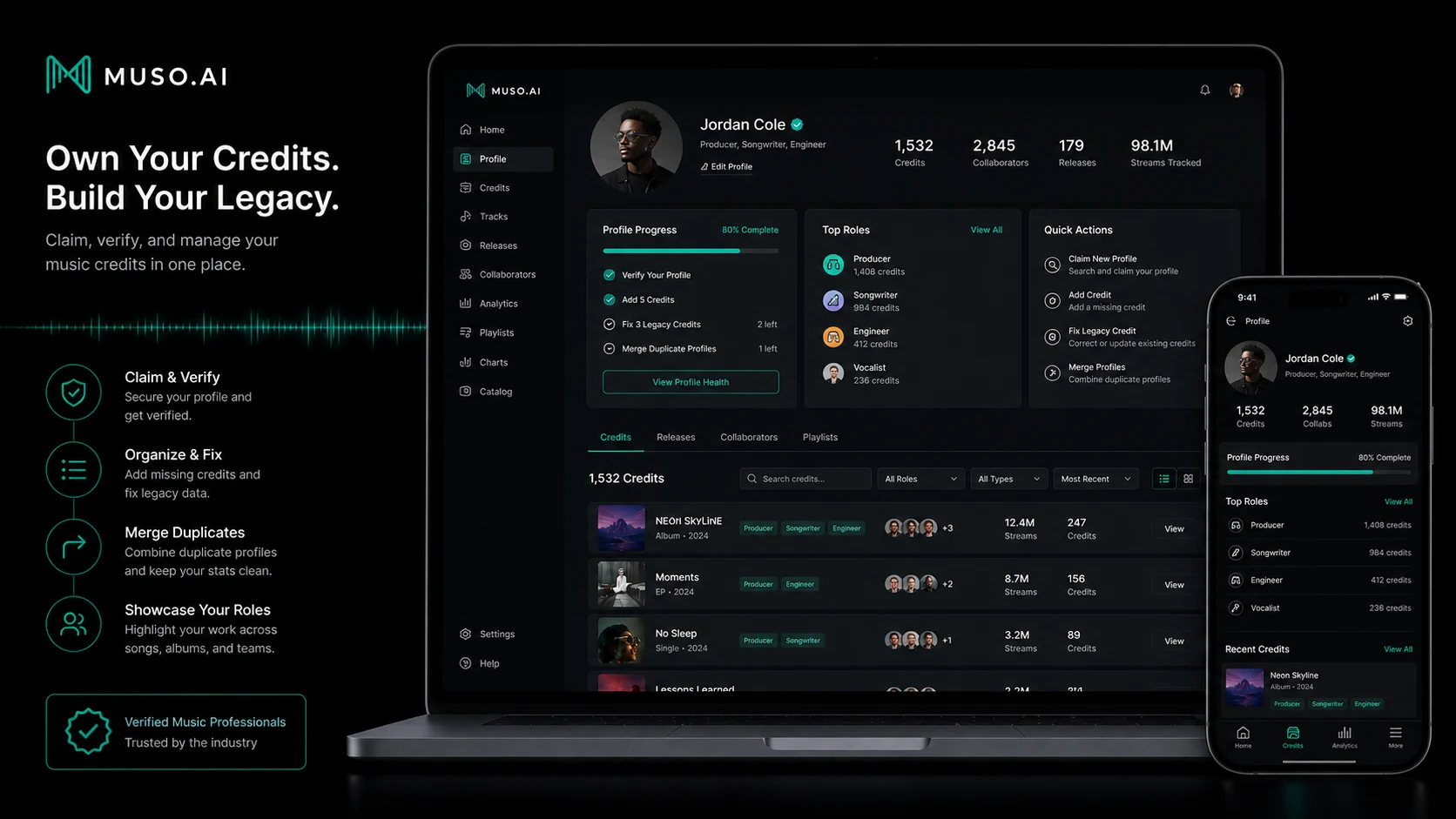 Muso.AI: profile and credit management, showing how music professionals claim, correct, and organize verified credits