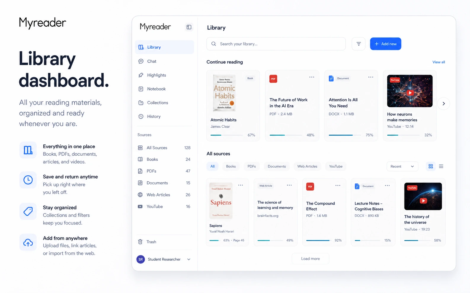 Myreader: library dashboard, showing how a buyer organizes books, PDFs, articles, and YouTube sources before asking questions