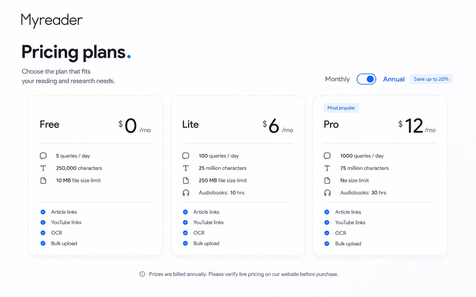 Myreader: pricing plans, showing free, Lite, and Pro limits for queries, characters, file size, and audiobook hours