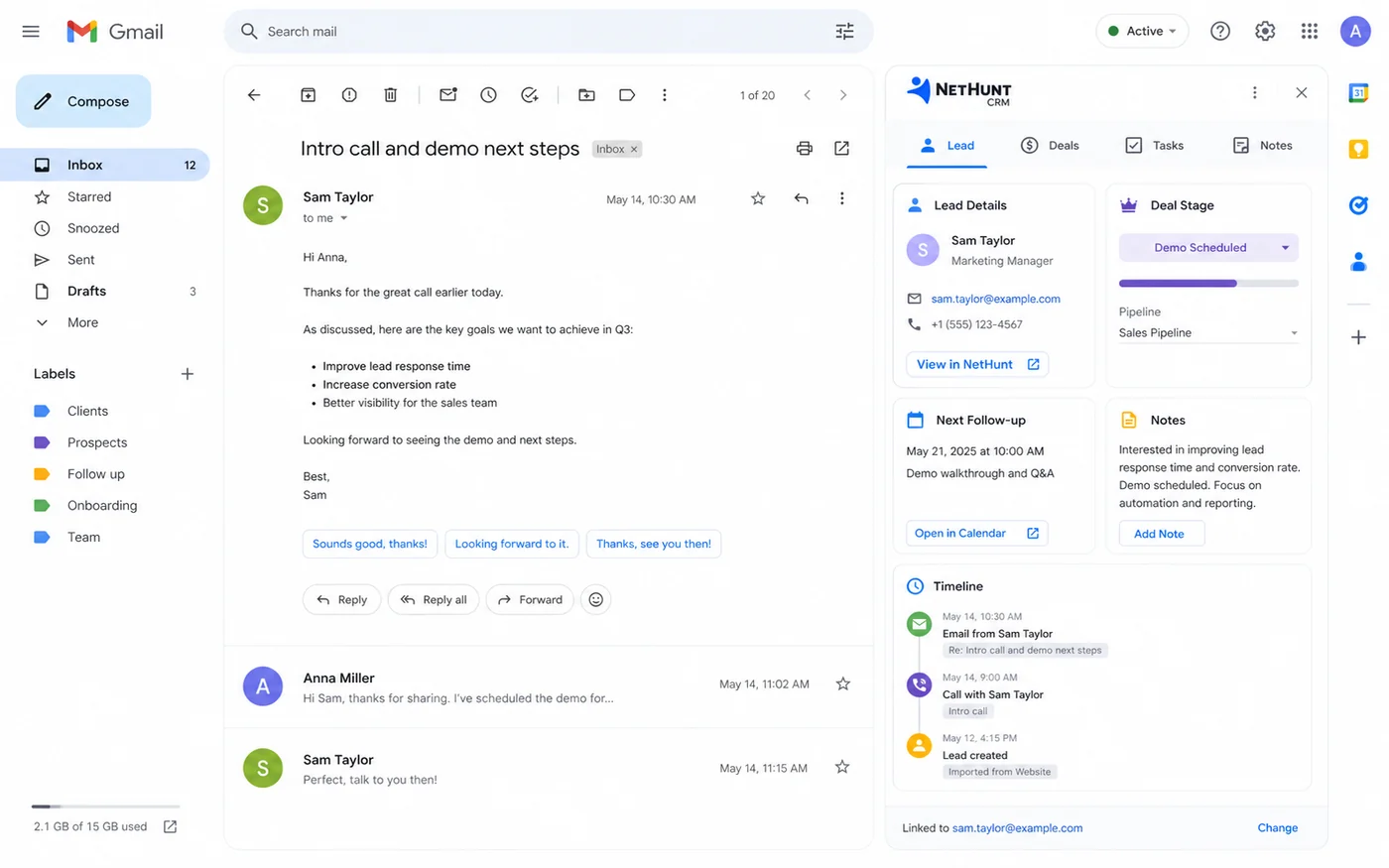 NetHunt CRM: Gmail workspace, showing how sales records and customer context appear close to inbox conversations