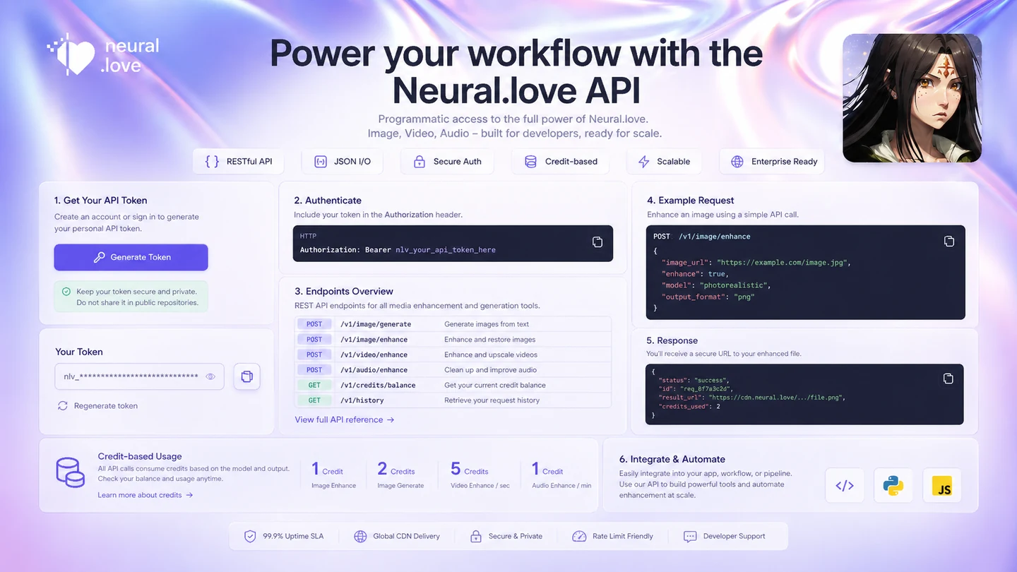 Neural.love: API docs overview, showing token setup and credit-based automation notes for developers