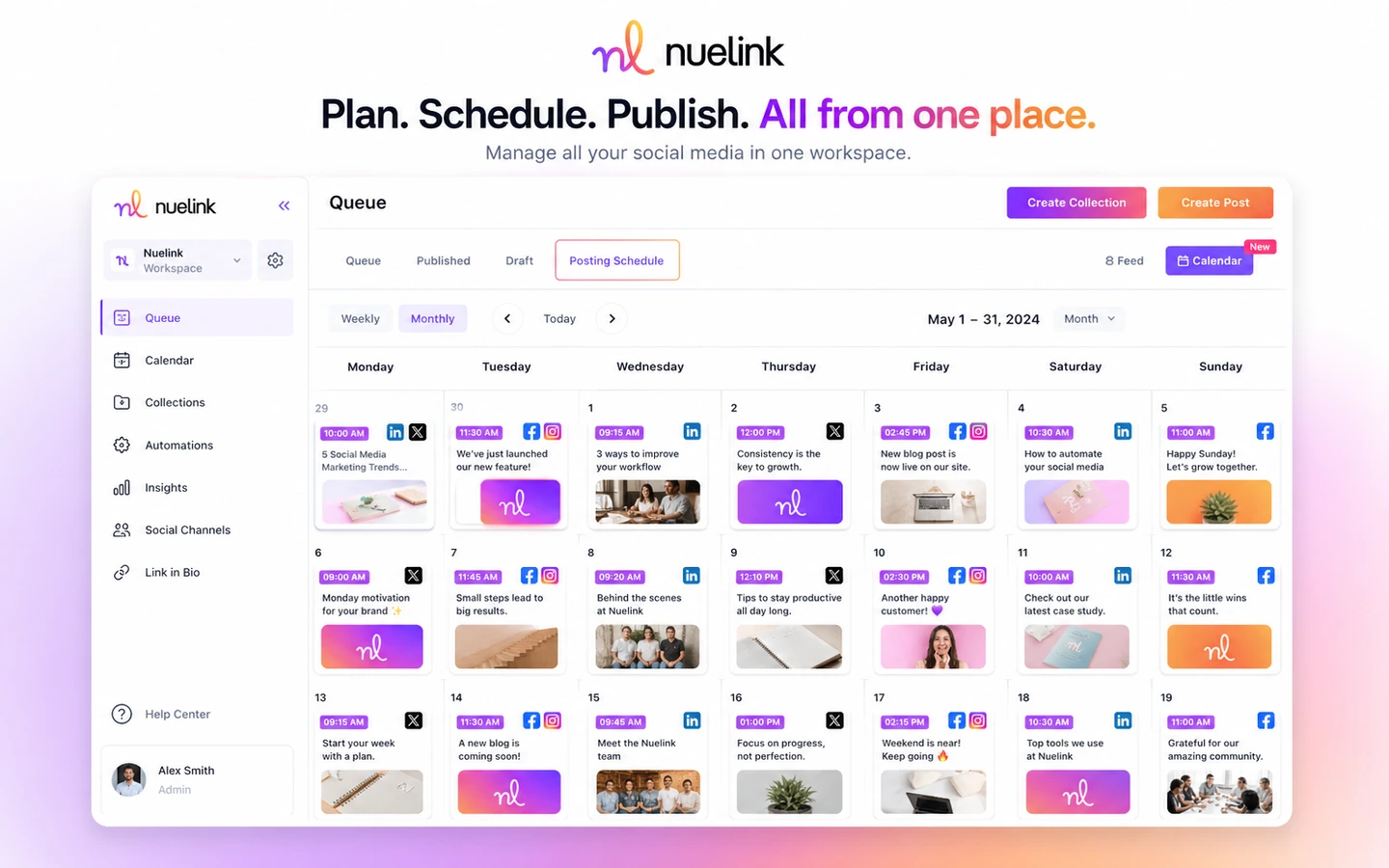 Nuelink: dashboard and social calendar, showing how a buyer plans and reviews scheduled posts across multiple channels
