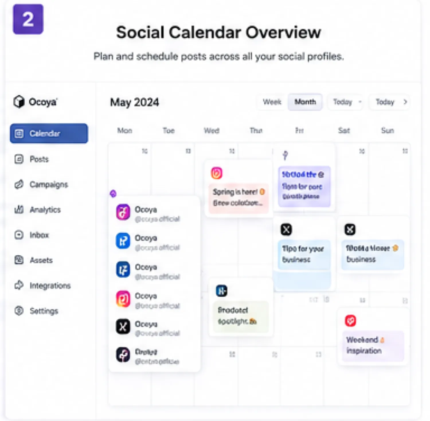 Ocoya: social calendar overview, showing how a buyer plans posts across connected social profiles