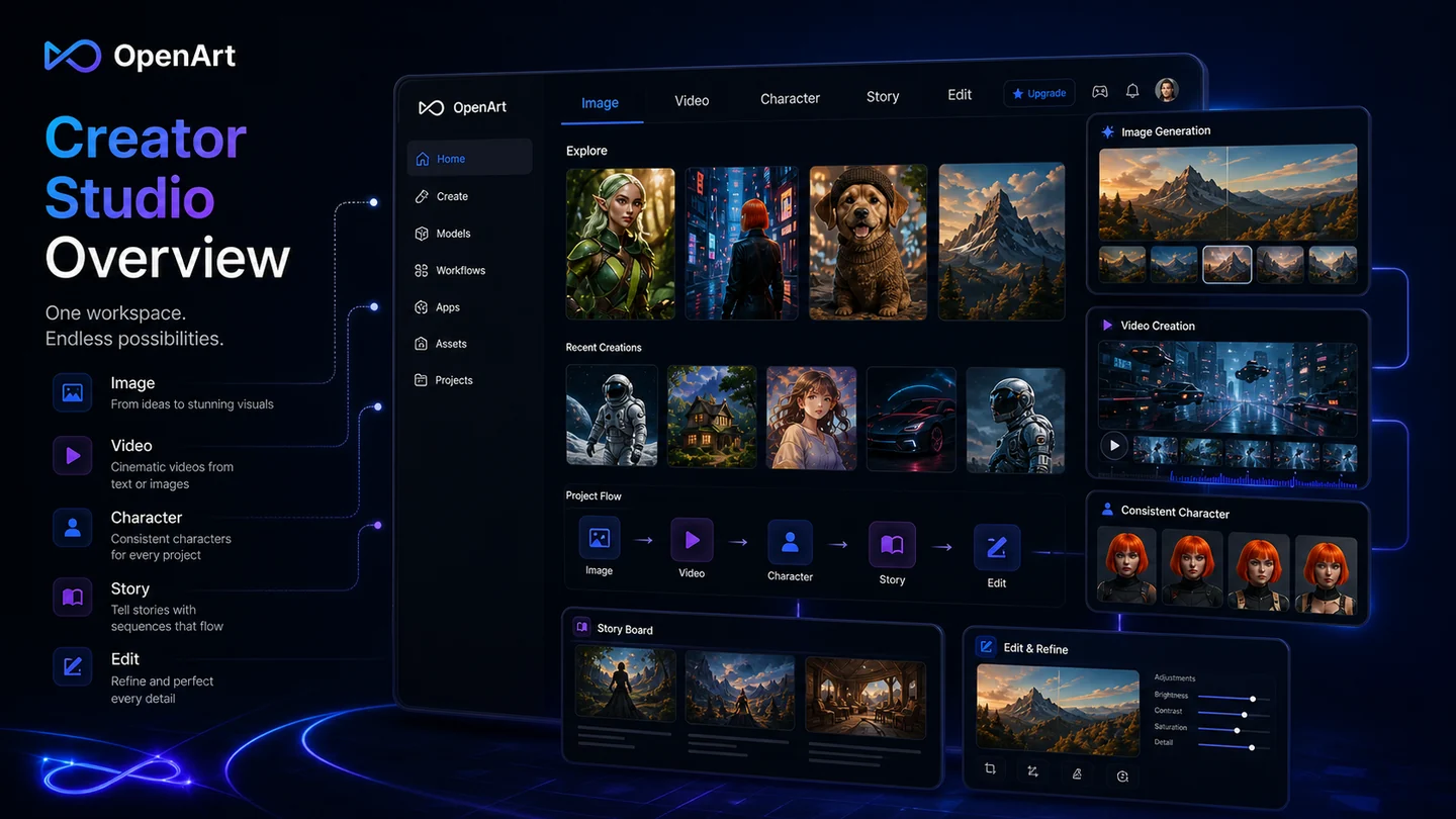 OpenArt: creator studio overview, showing how a buyer moves between image, video, character, and editing workflows