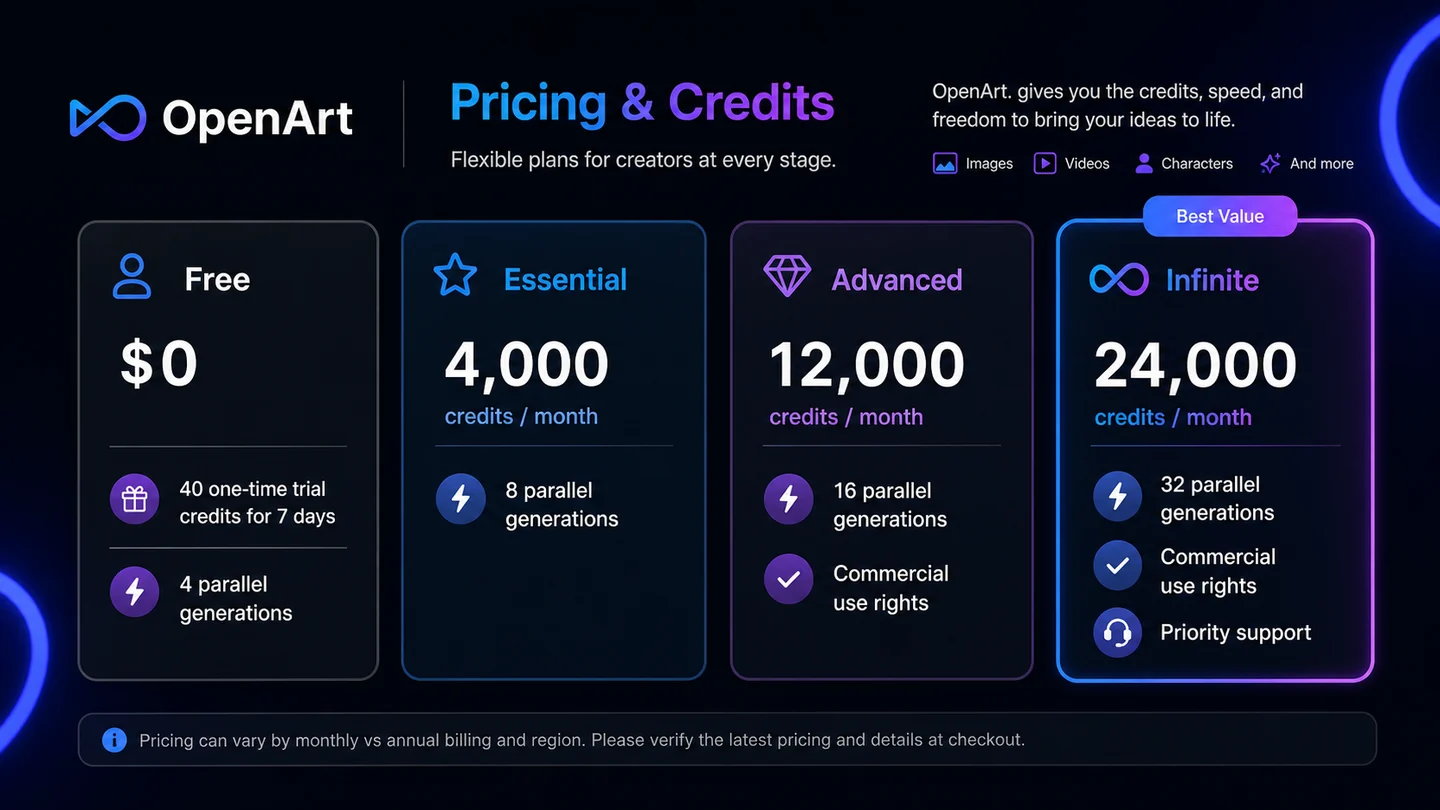 OpenArt: pricing and credits screen, showing plan limits for images, videos, characters, and model training