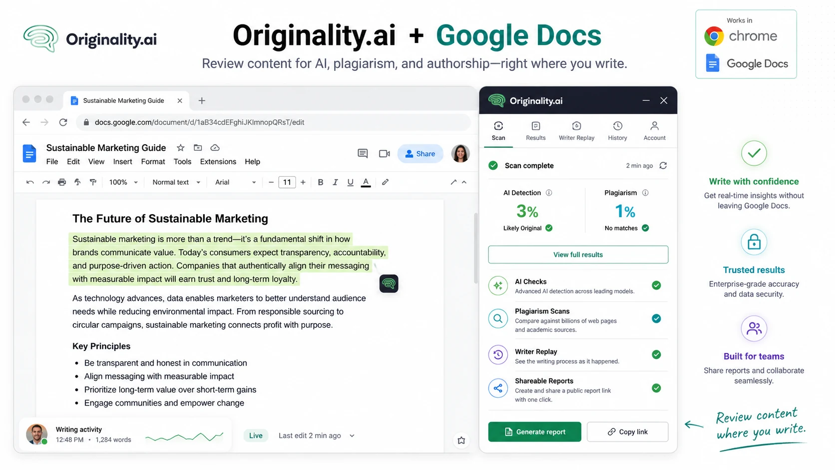 Originality.ai: Chrome and Google Docs workflow, showing how a buyer checks AI writing and plagiarism where documents are created