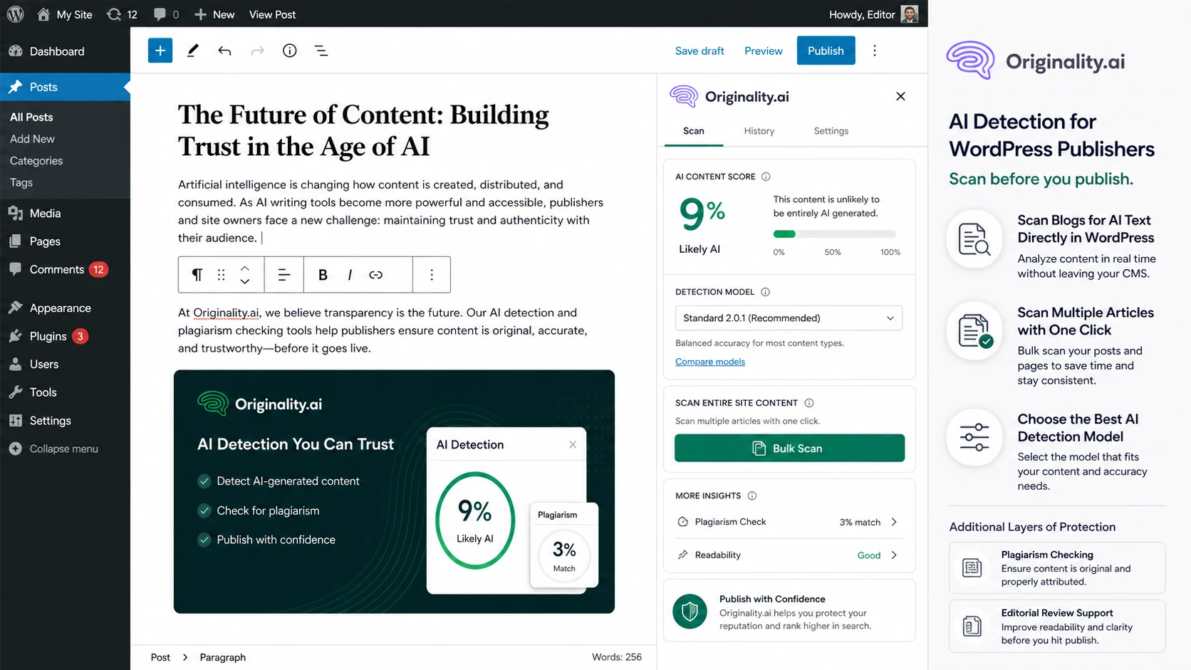 Originality.ai: WordPress plugin scan, showing how a publisher checks posts inside the CMS before publishing