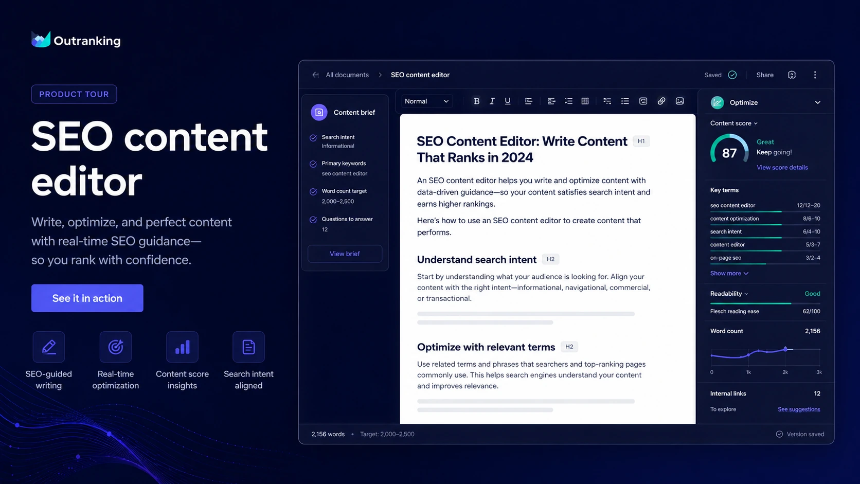 Outranking: SEO content editor, showing how a buyer writes and optimizes a draft around search intent