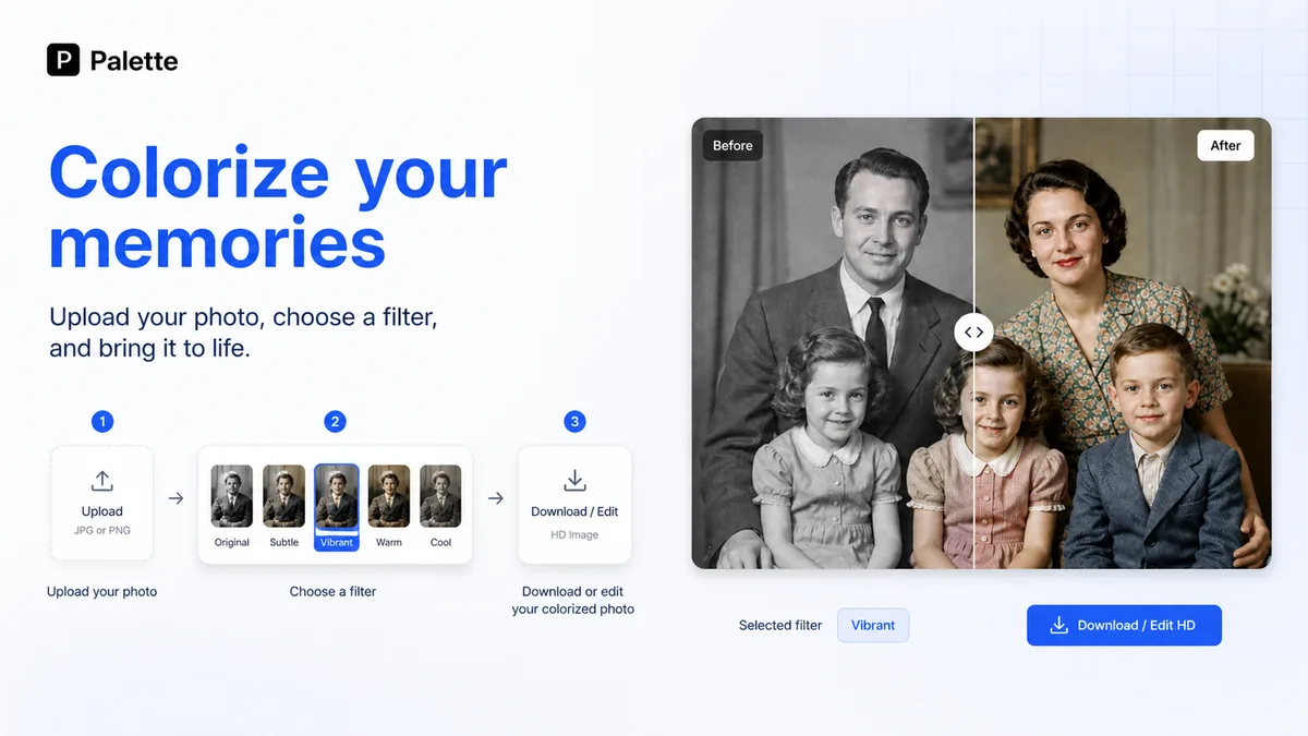 Palette: upload and filter workflow, showing how a buyer starts a photo colorization job and compares color styles