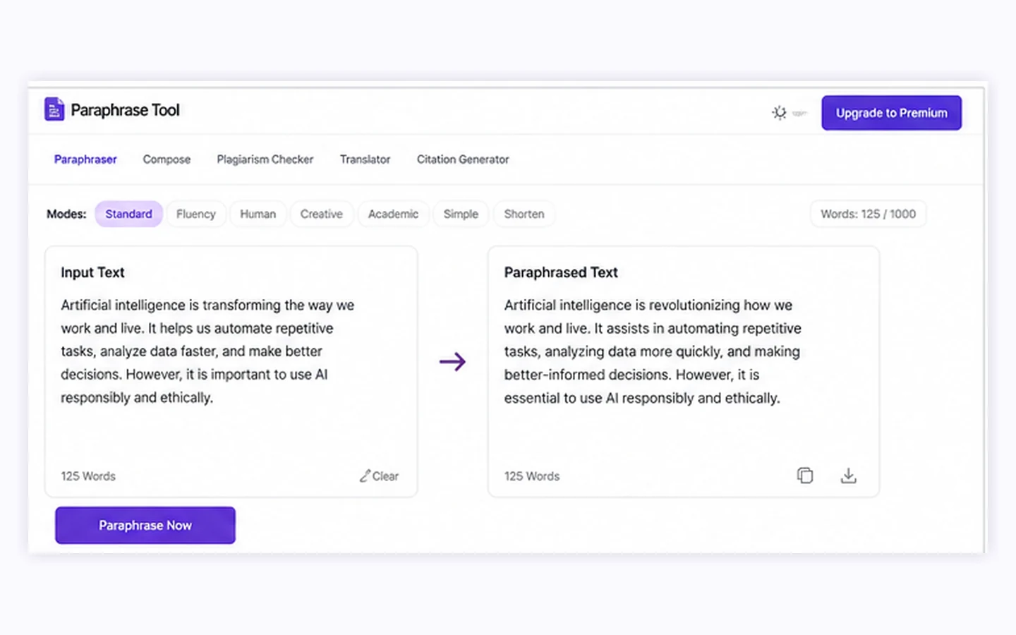 Paraphrase Tool: editor input area, showing where a buyer pastes text and selects the rewrite workflow