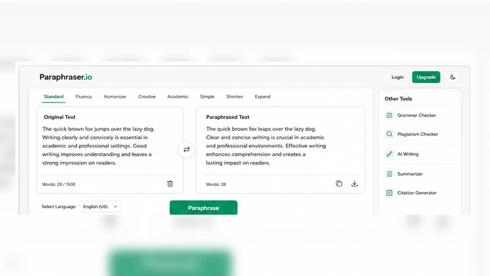 Paraphraser.io: paraphrasing editor, showing how a buyer rewrites text and checks the main input-to-output workflow