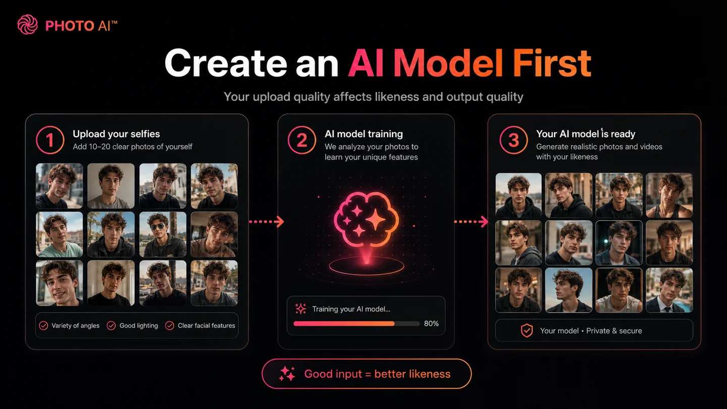 Photo AI: create AI model workflow, showing the setup step that determines whether generated photos can match the buyer