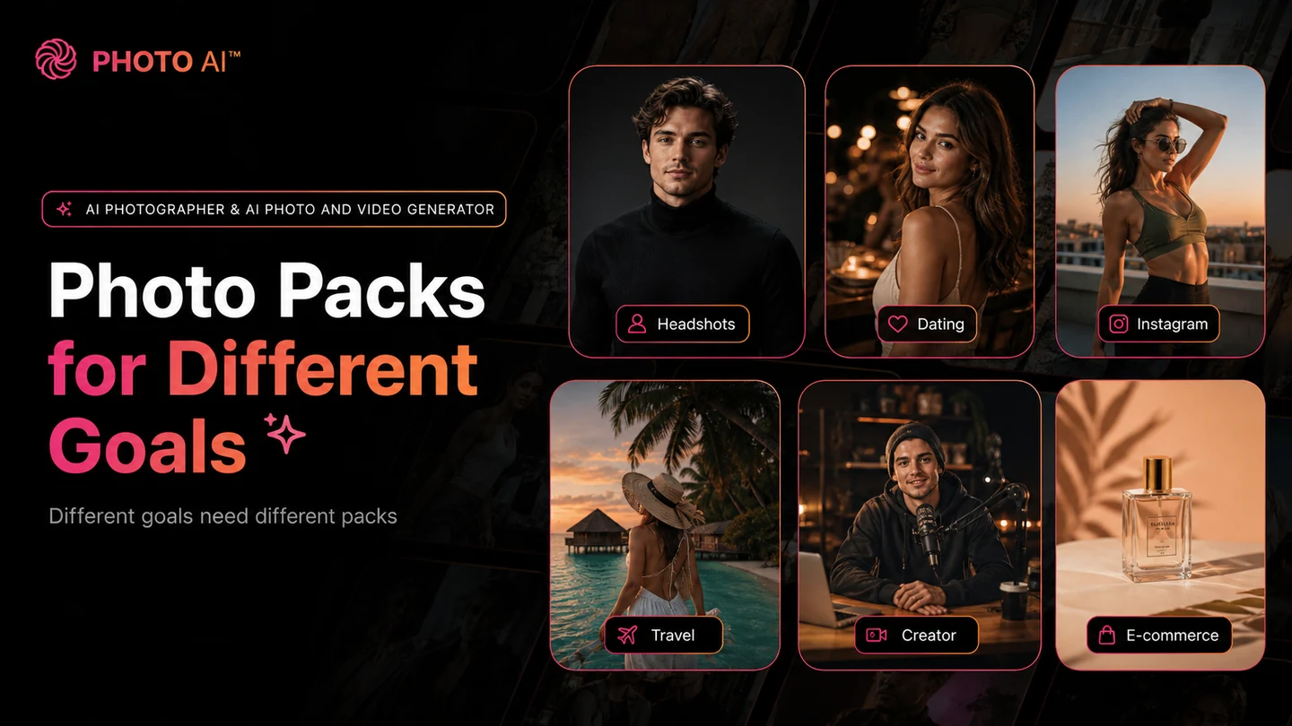 Photo AI: photo pack library, showing preset styles for headshots, dating photos, social media, travel, and creator visuals