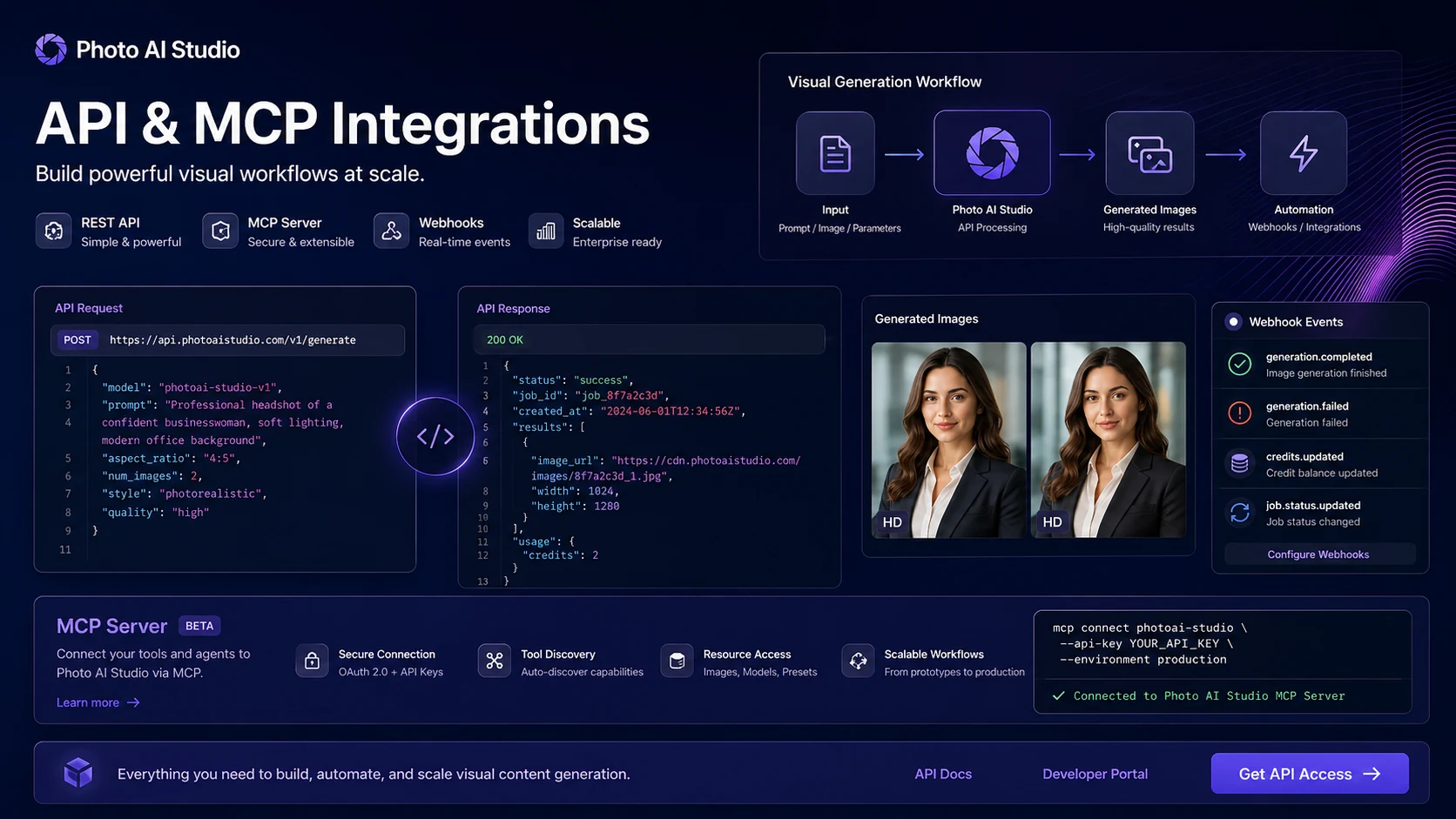 Photo AI Studio: API and MCP integrations, showing developer access for AI photo, editing, and video workflows