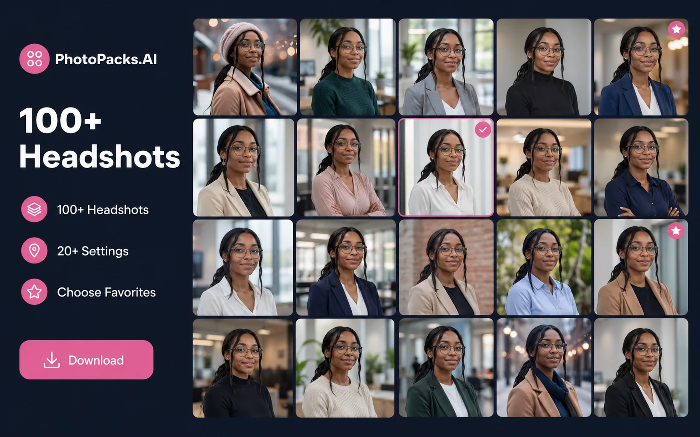 PhotoPacks.AI: generated headshot gallery, showing multiple professional profile-photo options after processing