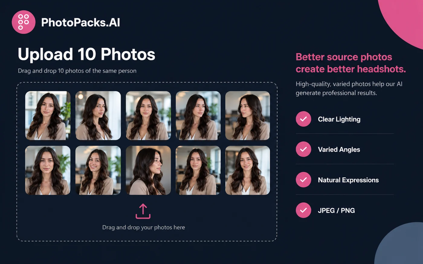 PhotoPacks.AI: upload workflow, showing the 10-photo input requirement before AI headshots are generated