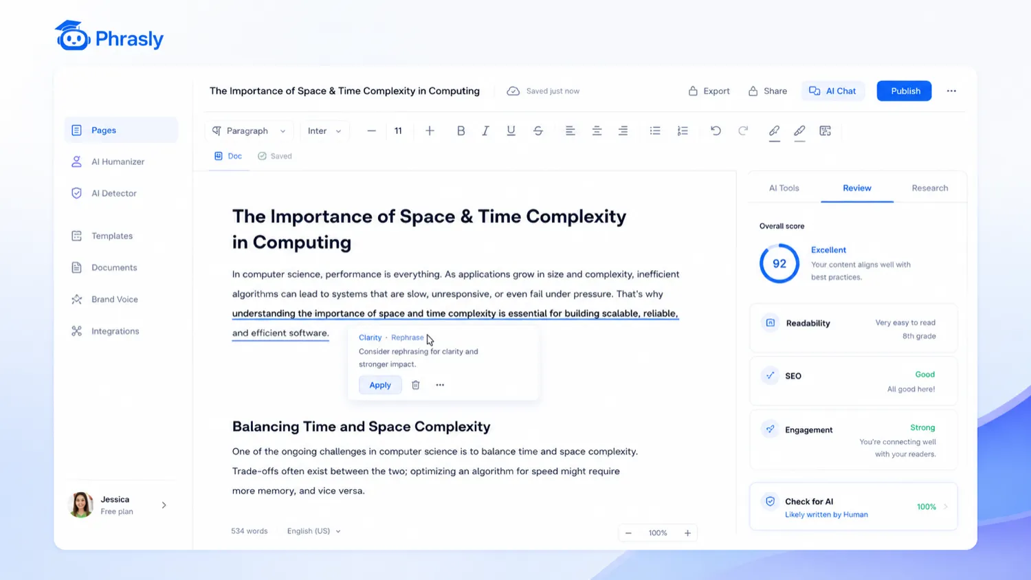 Phrasly: Pages editor workspace, showing how a buyer drafts and refines longer documents inside one writing environment
