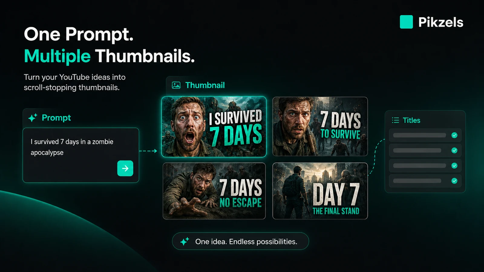 Pikzels: prompt-to-thumbnail workflow, showing how a buyer turns a YouTube video idea into thumbnail concepts