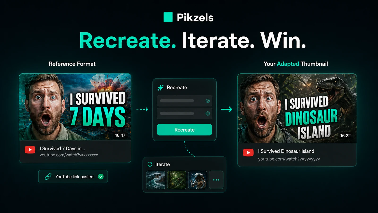 Pikzels: recreate thumbnail workflow, showing how a buyer studies an existing YouTube format before making a new version