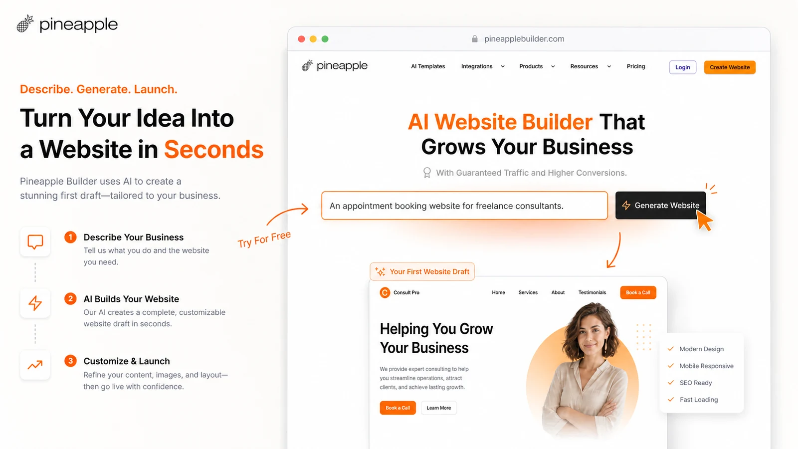 Pineapple Builder: AI business prompt, showing how a buyer describes a business before generating a website