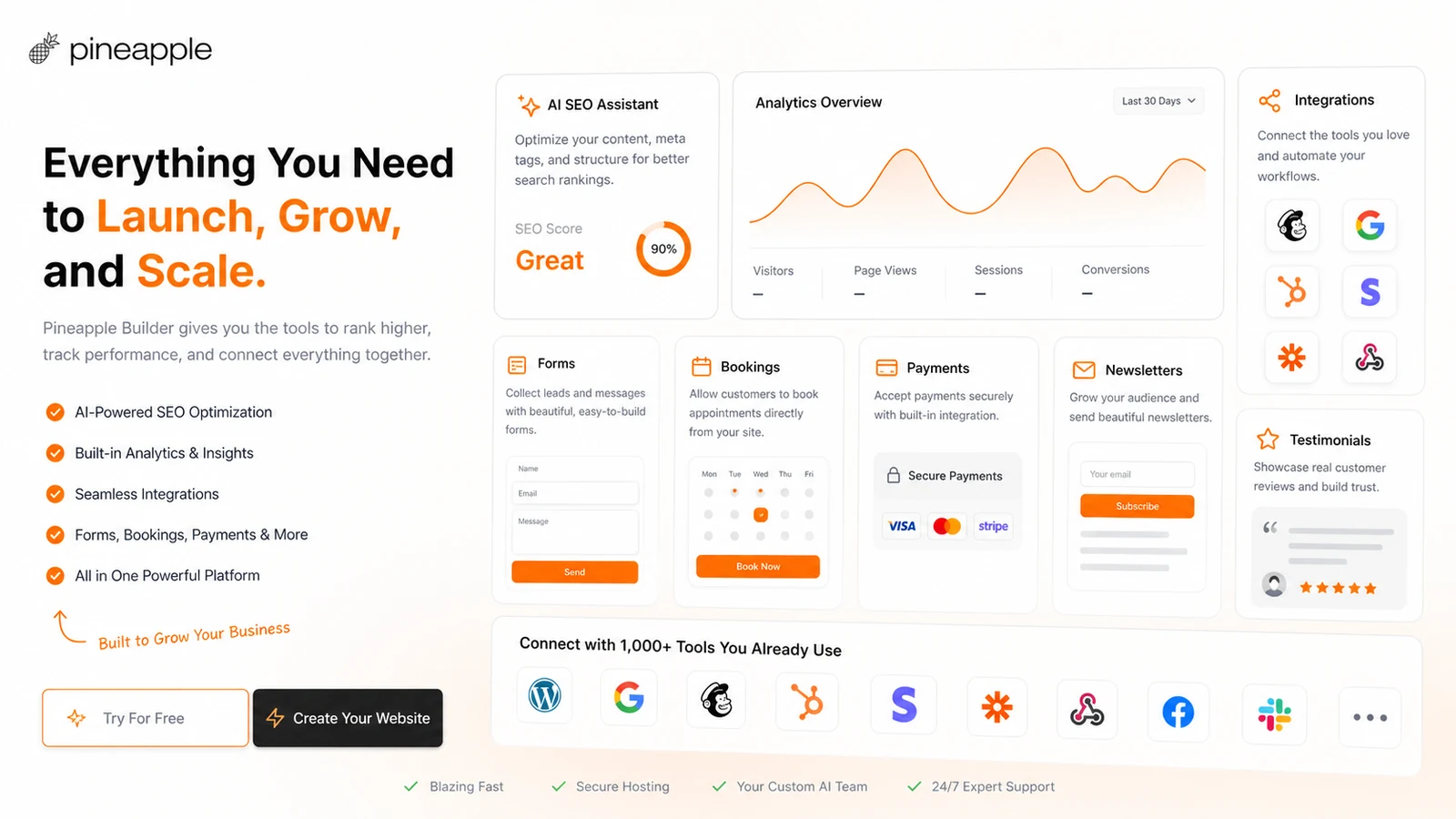 Pineapple Builder: SEO analytics and integrations, showing growth tools that affect paid plan value