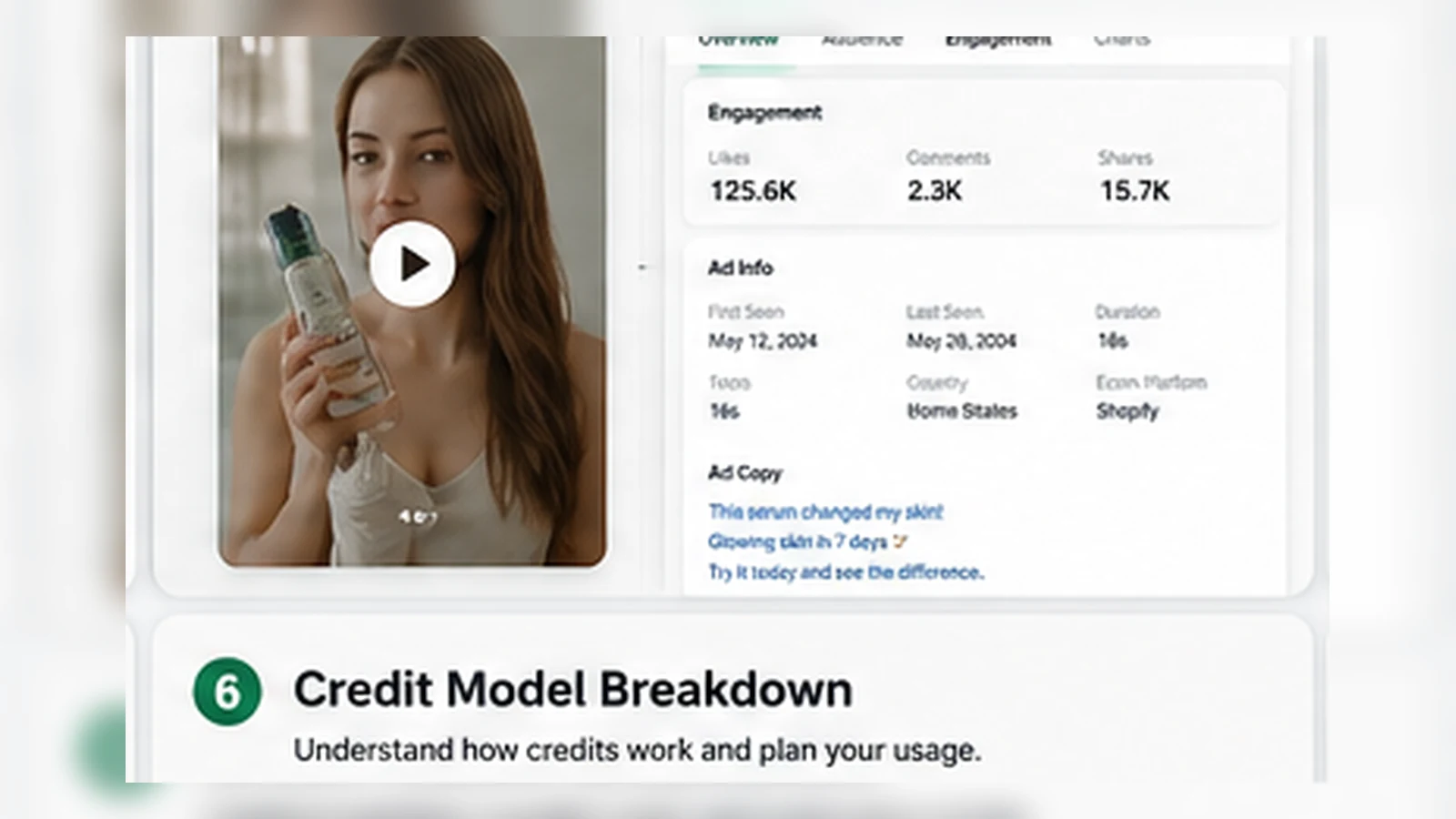 PiPiAds: creative detail analysis, showing ad copy, hooks, product signals, and performance clues for campaign research