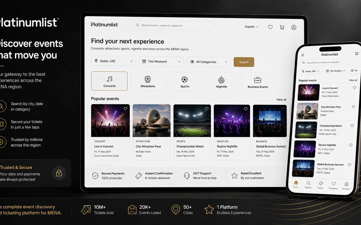 Platinumlist: event discovery marketplace, showing how buyers browse tickets by city, date, category, and event type