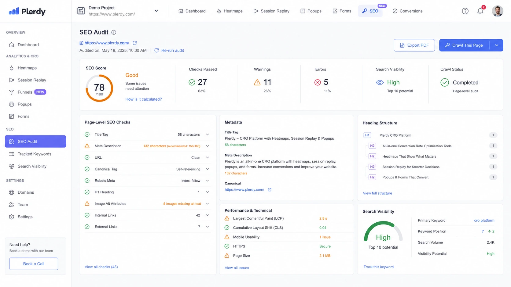 Plerdy: SEO audit screen, showing page-level optimization checks and search visibility issues for marketers