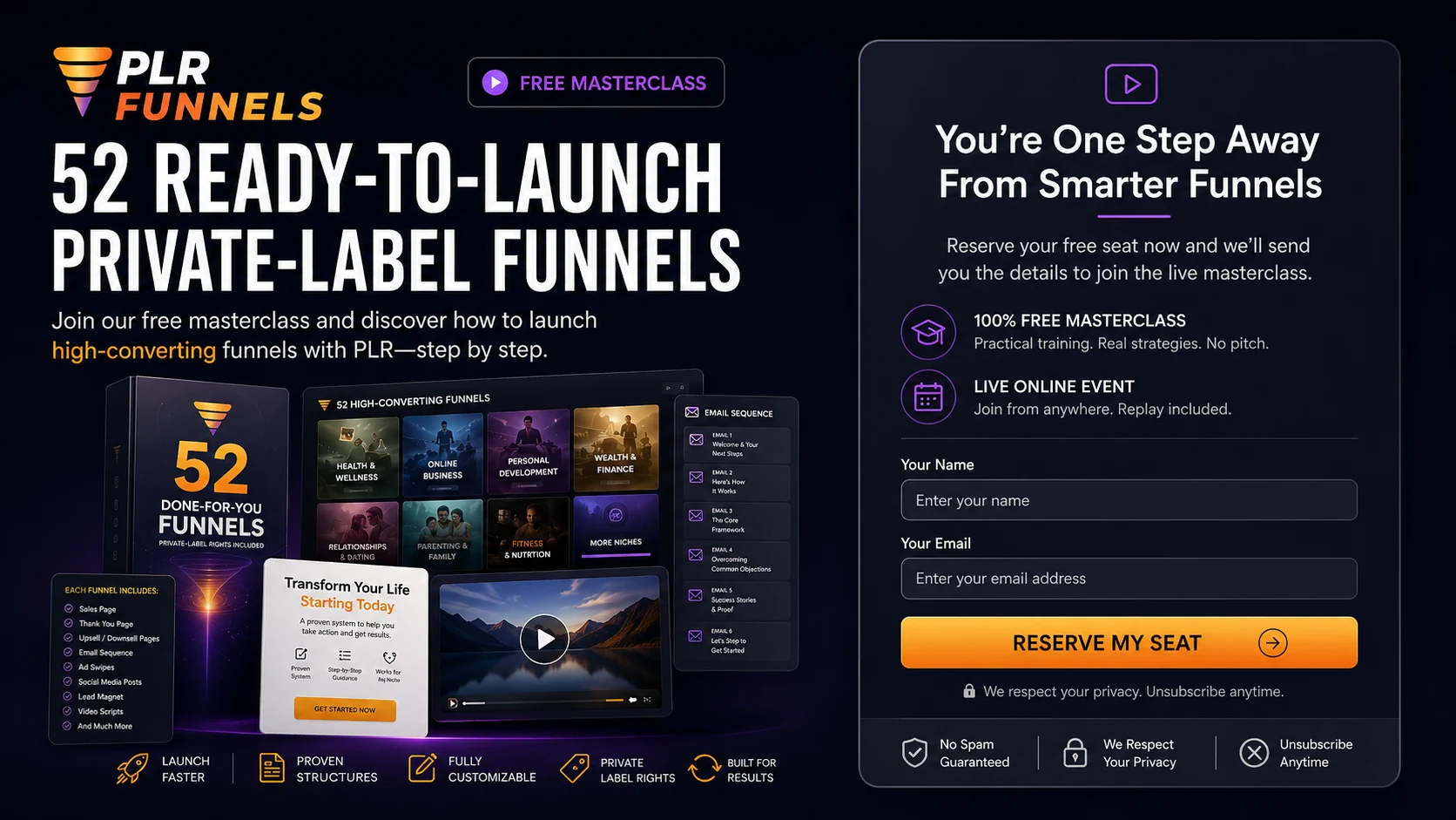 PLR Funnels: webinar registration page, showing the free masterclass entry point buyers should review before checkout