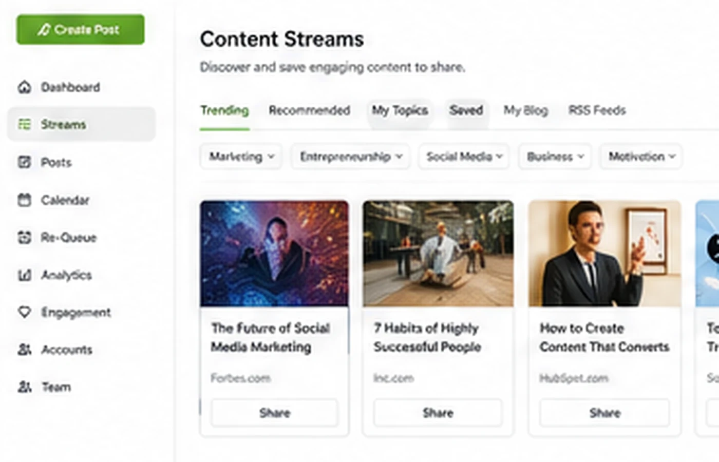 Post Planner: content streams screen, showing curated post ideas and sources for social media planning