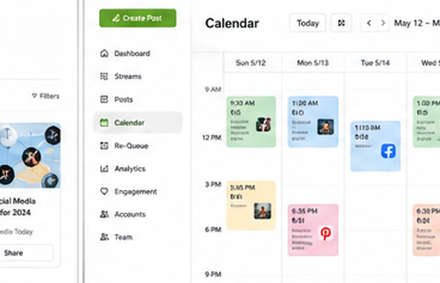 Post Planner: scheduling calendar screen, showing queued posts, post previews, and calendar planning for multiple social accounts