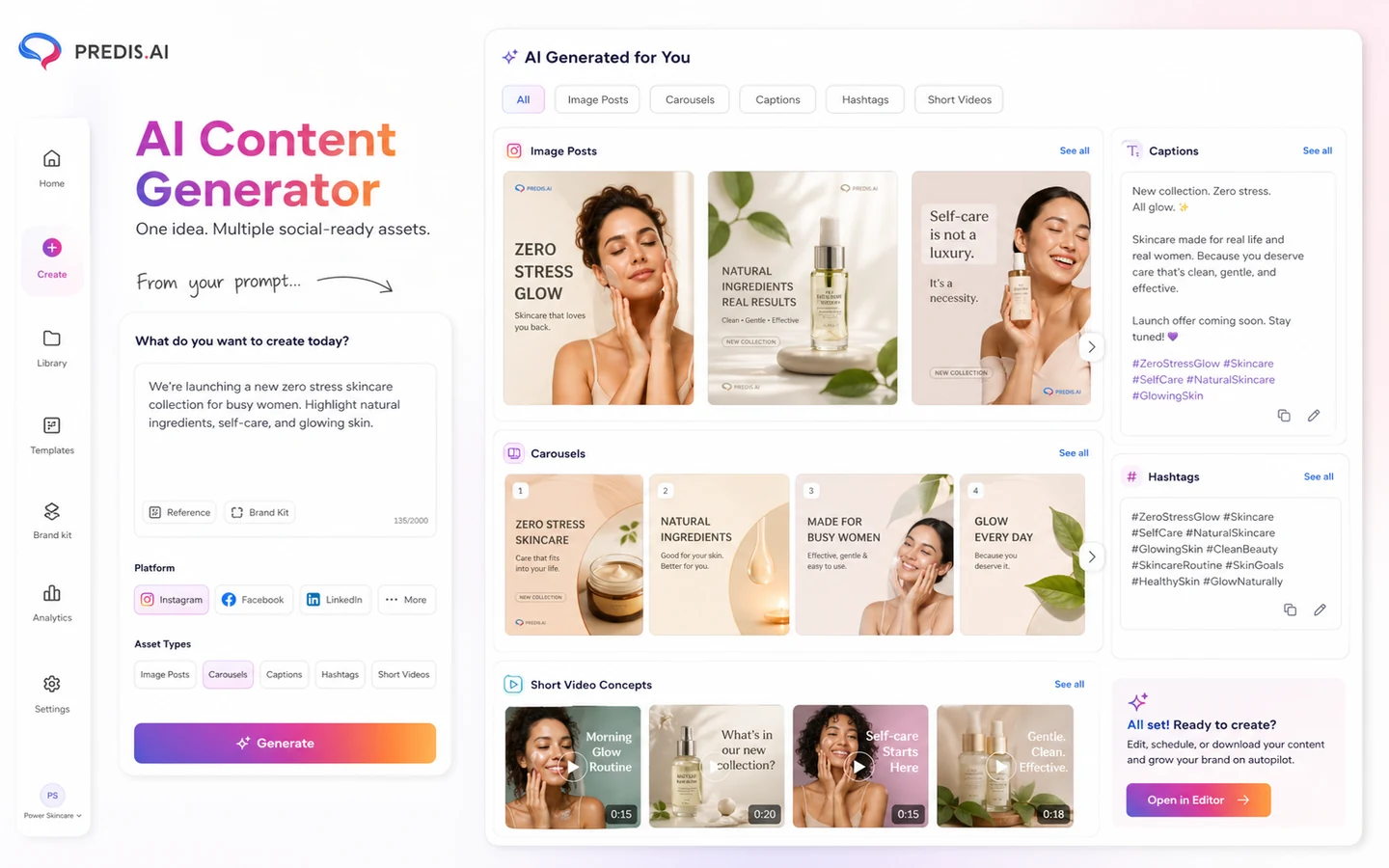 Predis.ai: AI content generator, showing how a buyer creates social posts, videos, captions, and hashtags from a prompt