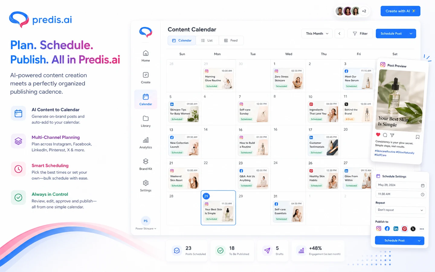 Predis.ai: content calendar, showing how generated posts can be planned and scheduled across social channels