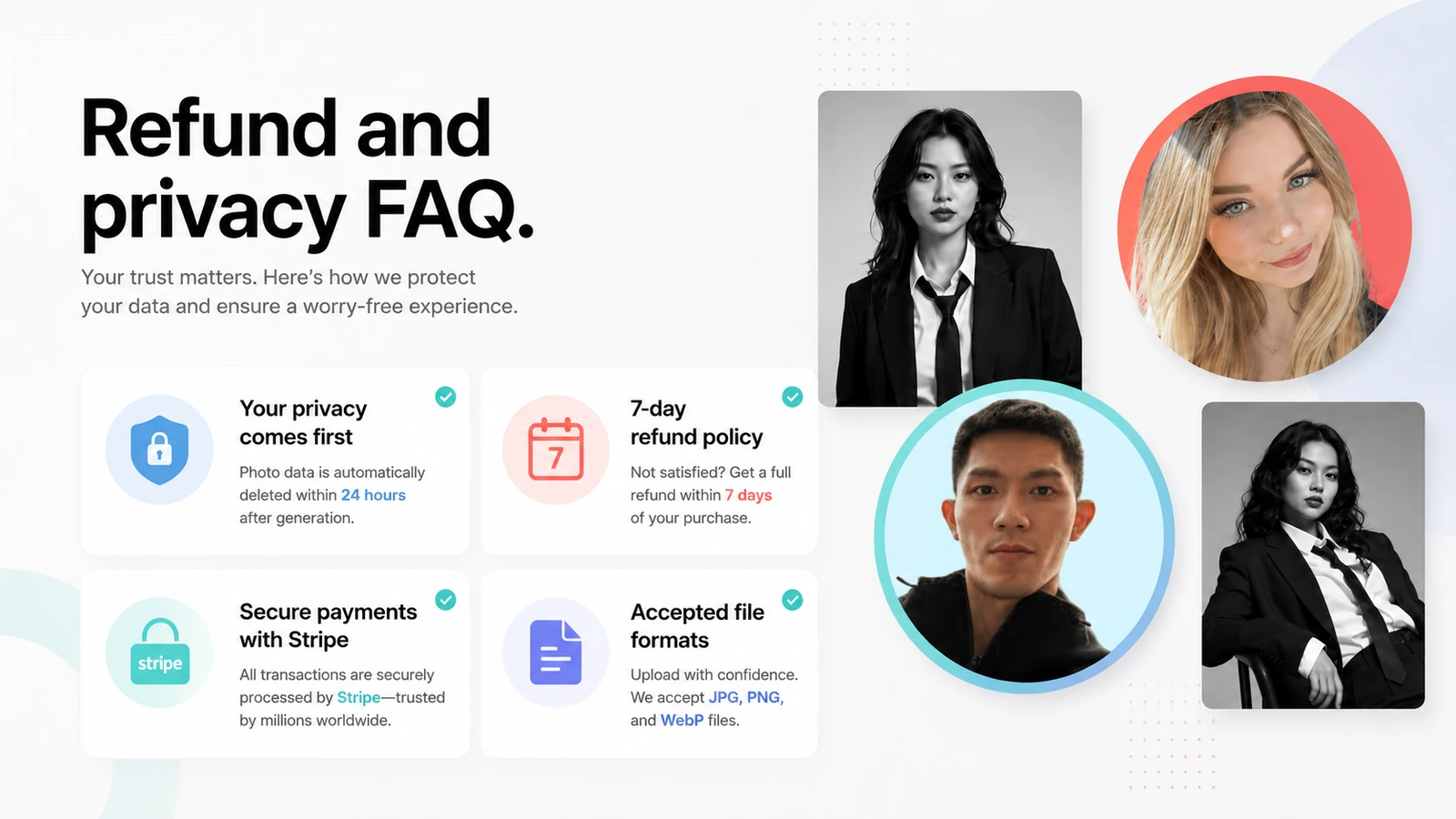 Profile Picture AI: refund and privacy FAQ, showing buyer checks for photo handling and refund terms