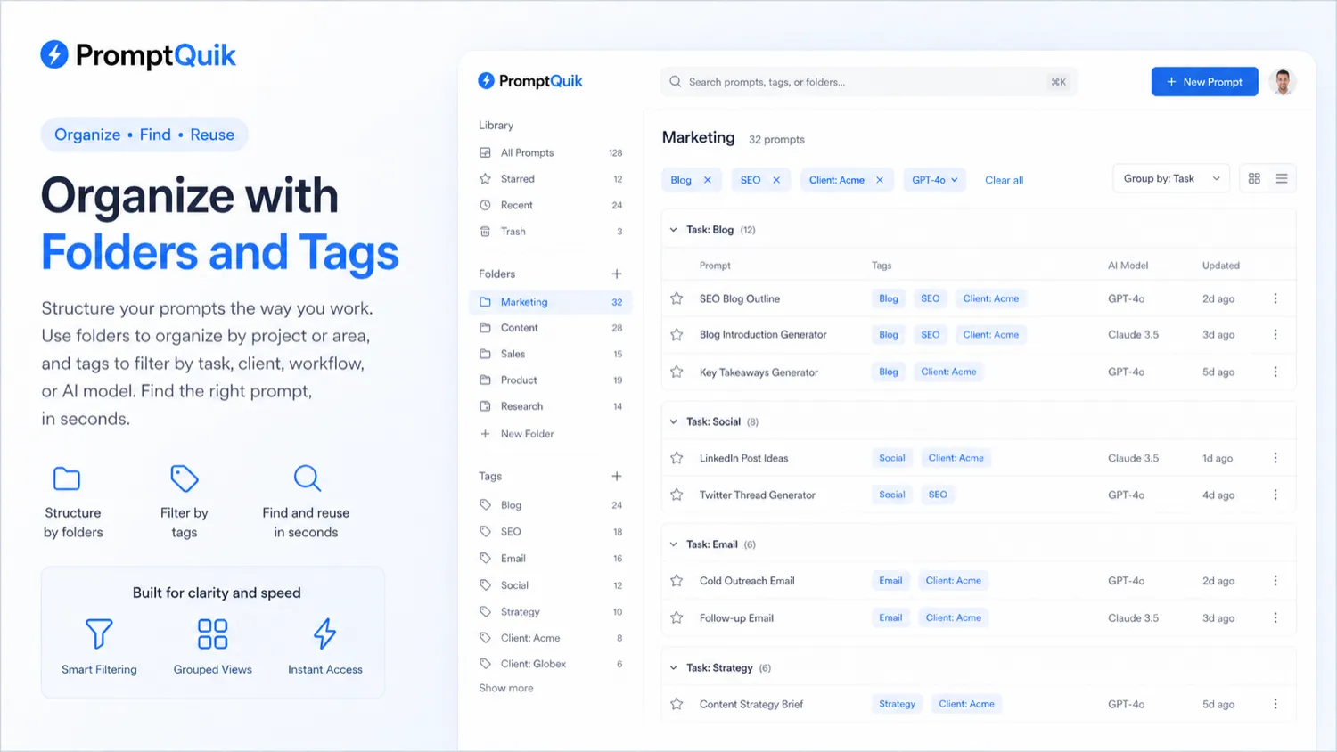 PromptQuik: folders and tags, showing how a buyer organizes prompts by task, model, client, or workflow