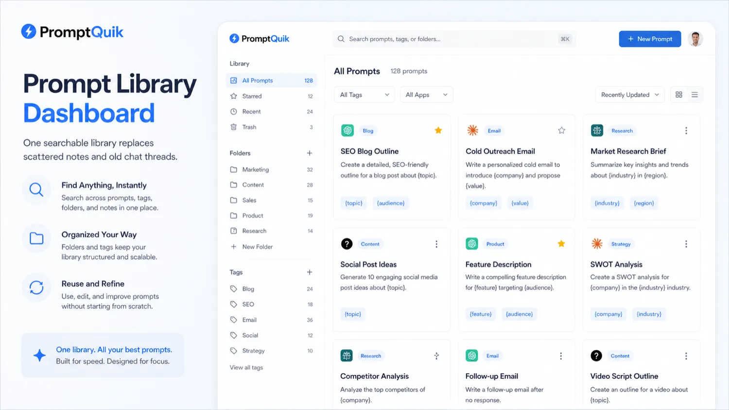 PromptQuik: prompt library dashboard, showing how a buyer stores reusable AI prompts in one searchable workspace