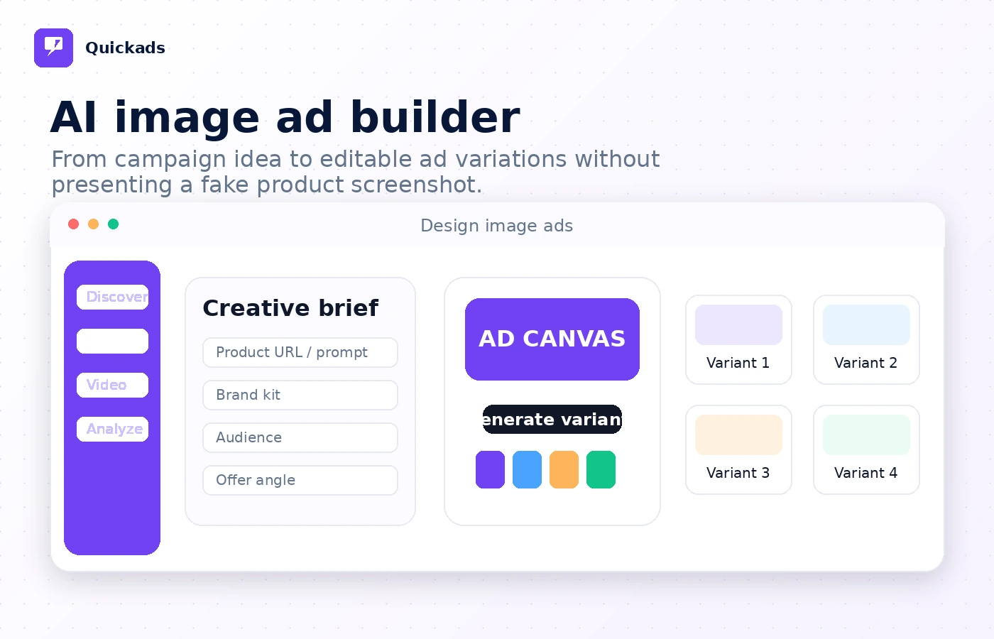 Quickads: AI image ad builder, showing how a buyer can move from prompt or brand input into editable ad creatives