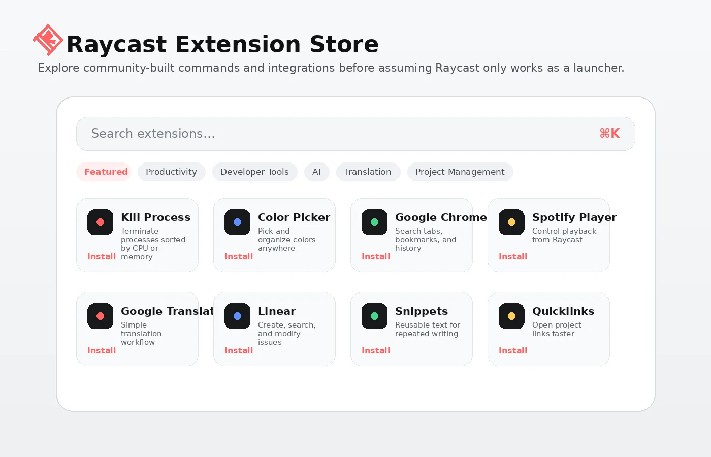 Raycast: extension store, showing how a buyer expands the launcher with community and workflow-specific commands