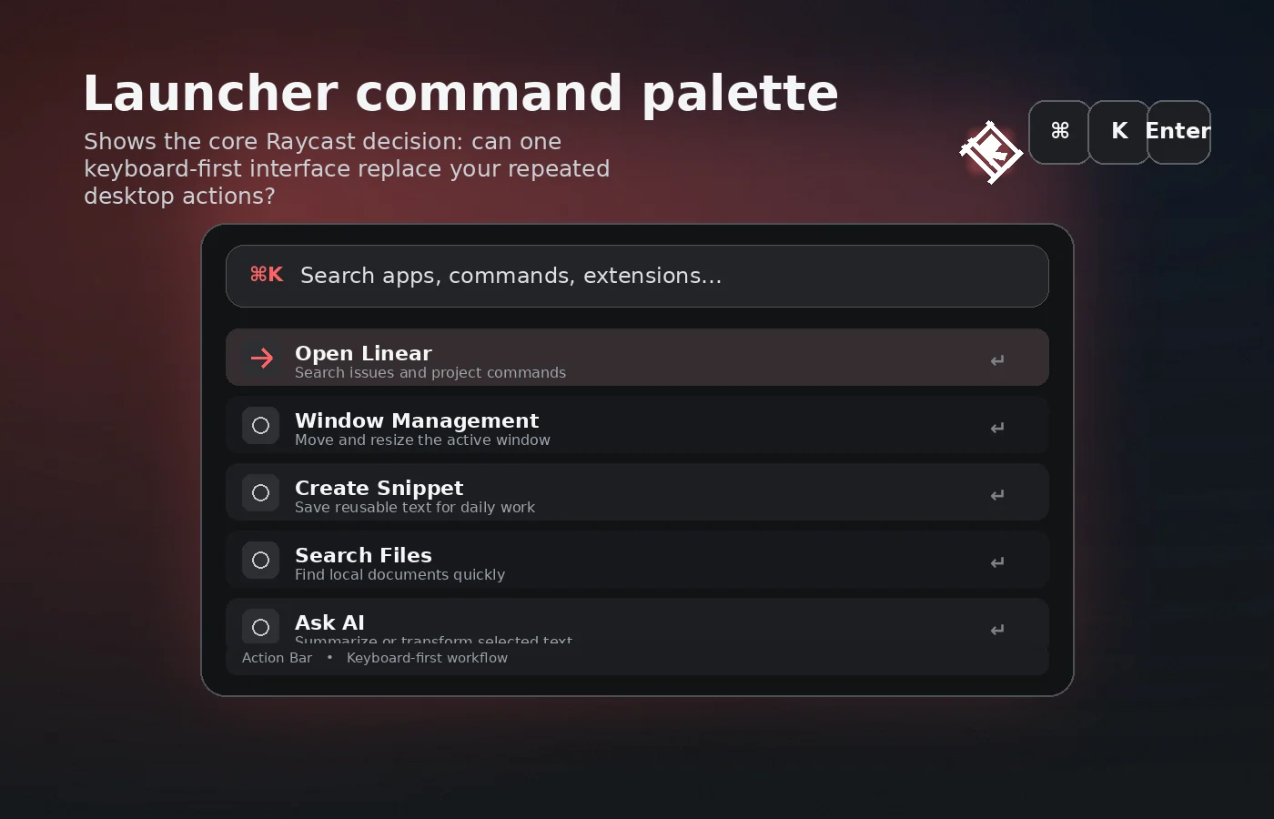 Raycast: launcher command palette, showing how a buyer opens apps, commands, and extensions from one keyboard-first interface