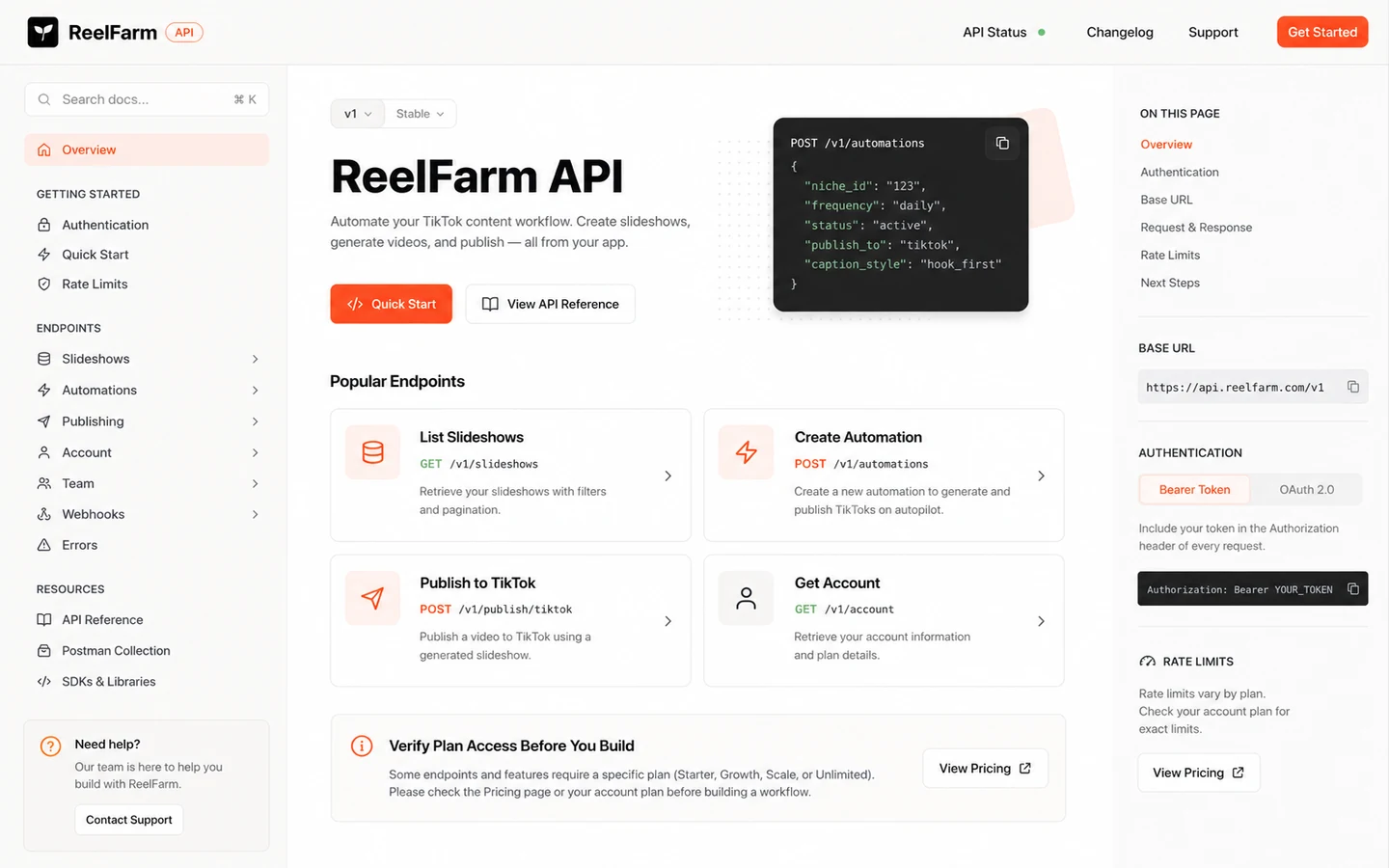 ReelFarm: API documentation, showing how technical buyers verify slideshow and publishing endpoints