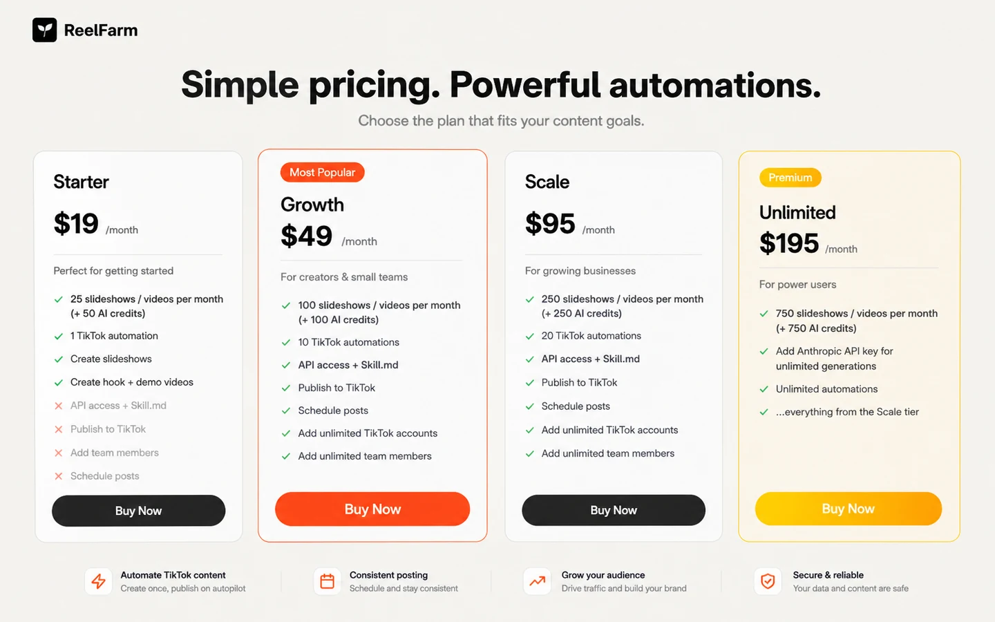 ReelFarm: pricing plans, showing monthly credits, automations, and plan limits before checkout
