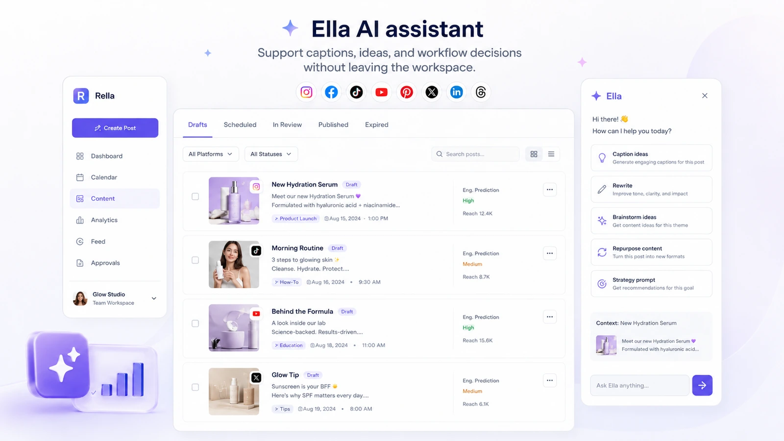 Rella: Ella AI assistant, showing how a buyer generates captions and social strategy ideas in brand voice