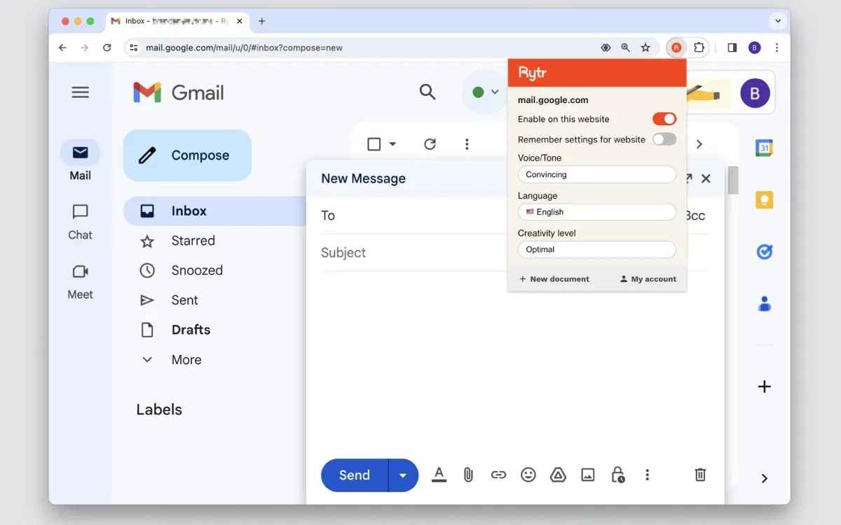 Rytr Chrome extension in a live browser workflow