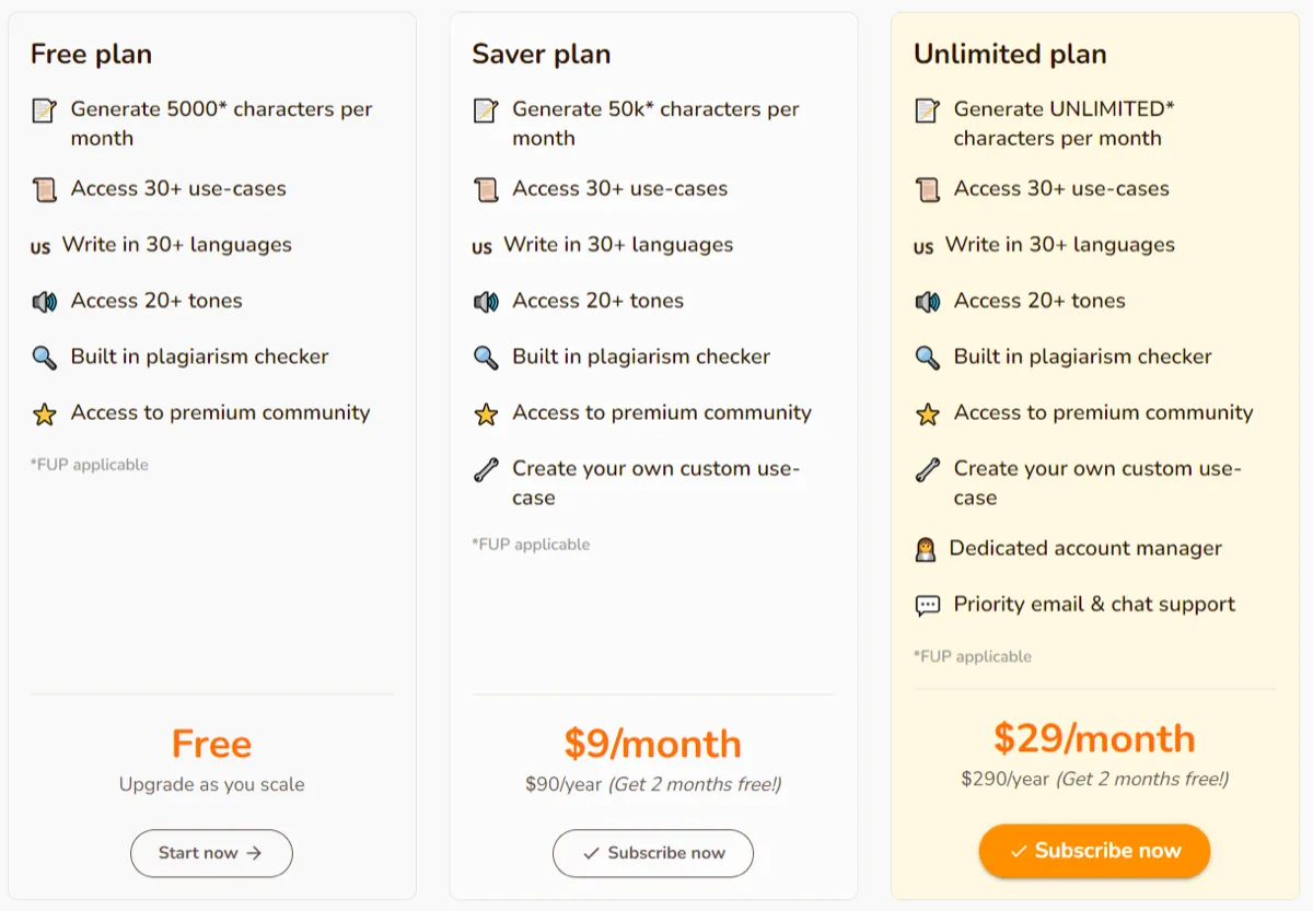 Rytr pricing page with plan comparison